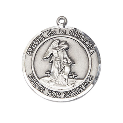 Everlasting Light Jewelry Spanish Script Men's Pewter Angel de la Guarda Medal Pendant on 24 Inch Endless Rhodium Plated Heavy Curb Chain,Catholic Religious Necklace -Made in USA, in Deluxe Velvet Gift Box