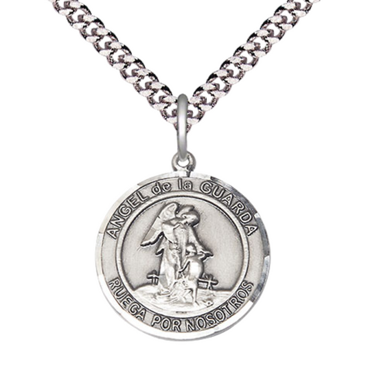 Medium Mens Round .925 Sterling Silver Angel de la Guarda Medal Pendant on 24 Inch Rhodium Plated Heavy Curb Brass Chain w/ Lobster Claw Clasp, Catholic Religious Necklace - Made in USA - Velvet Gift Box