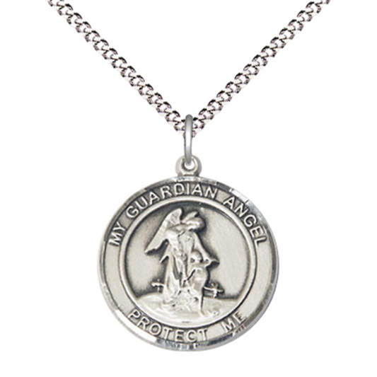 Medium Women's .925 Sterling Silver Guardian Angel Pendant Necklace – ¾” x ?” Medal on 18 Inch Rhodium- Plated Lite Curb Brass Chain with Lobster Claw Clasp – Symbol of Protection & Guidance, Catholic Medal – Velvet Gift Box