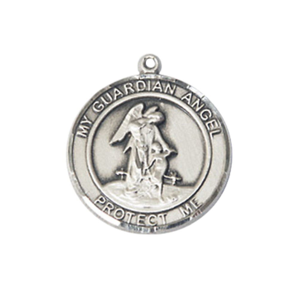 Medium Women's Pewter Guardian Angel Medal Pendant on 18 Inch Rhodium Plated Lite Curb Brass Chain w/Lobster Claw clasp, Catholic Religious Necklace - Made in USA - Deluxe Velvet Gift Box