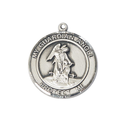 Medium Women's Pewter Guardian Angel Medal Pendant on 18 Inch Rhodium Plated Lite Curb Brass Chain w/Lobster Claw clasp, Catholic Religious Necklace - Made in USA - Deluxe Velvet Gift Box