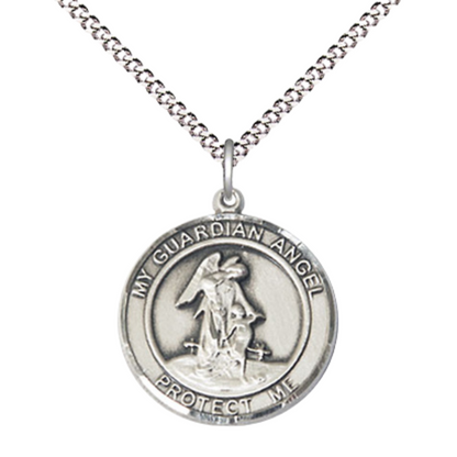 Medium Women's Pewter Guardian Angel Medal Pendant on 18 Inch Rhodium Plated Lite Curb Brass Chain w/Lobster Claw clasp, Catholic Religious Necklace - Made in USA - Deluxe Velvet Gift Box