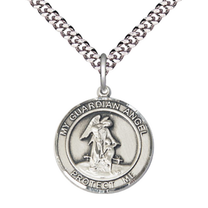 Everlasting Light Jewelry Medium Men's Pewter Guardian Angel Medal Pendant on 24 Inch Endless Rhodium Plated Heavy Curb Brass Chain, Catholic Religious Necklace - Made in USA- Deluxe Velvet Gift Box