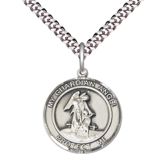 Everlasting Light Jewelry Medium Men's Pewter Guardian Angel Medal Pendant on 24 Inch Endless Rhodium Plated Heavy Curb Brass Chain, Catholic Religious Necklace - Made in USA- Deluxe Velvet Gift Box