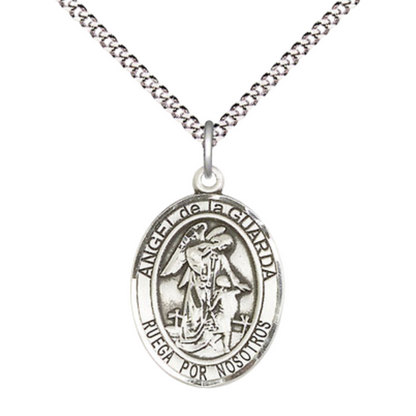 .925 Sterling Silver Angel de la Guarda Medal Pendant on 18 Inch Rhodium Plated Lite Curb Brass Chain with Lobster Claw Clasp, Catholic Religious Necklace - Made in USA- Prayer Card Included