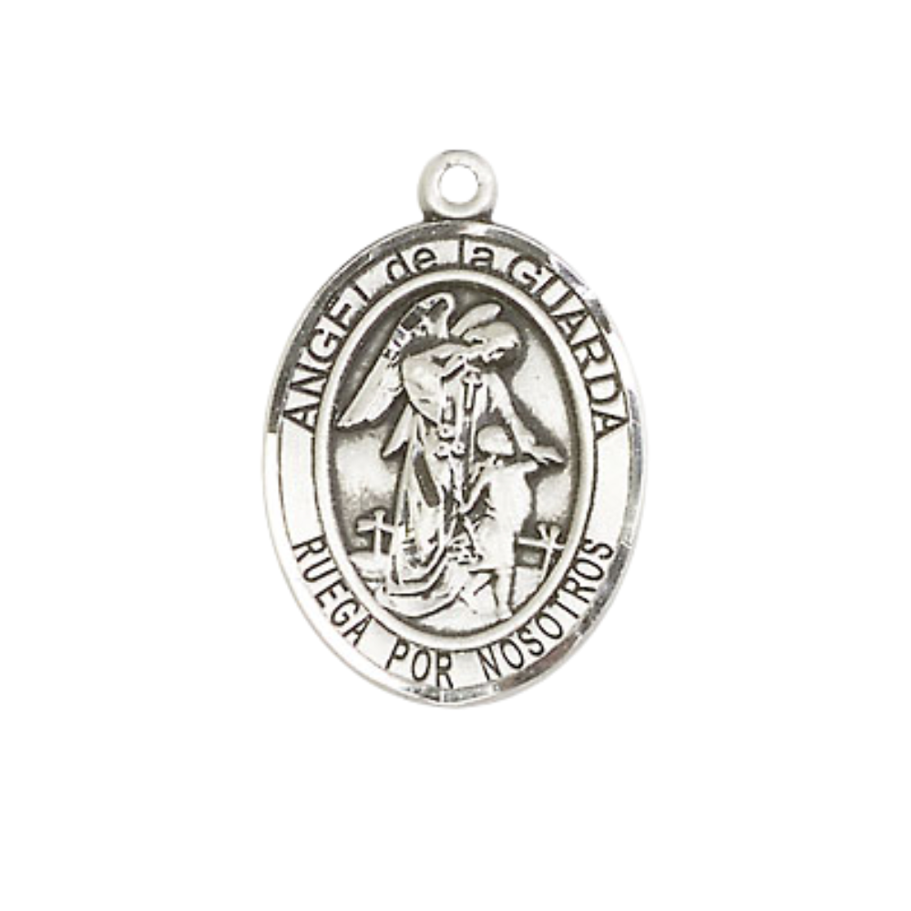 .925 Sterling Silver Angel de la Guarda Medal Pendant on 18 Inch Rhodium Plated Lite Curb Brass Chain with Lobster Claw Clasp, Catholic Religious Necklace - Made in USA- Prayer Card Included