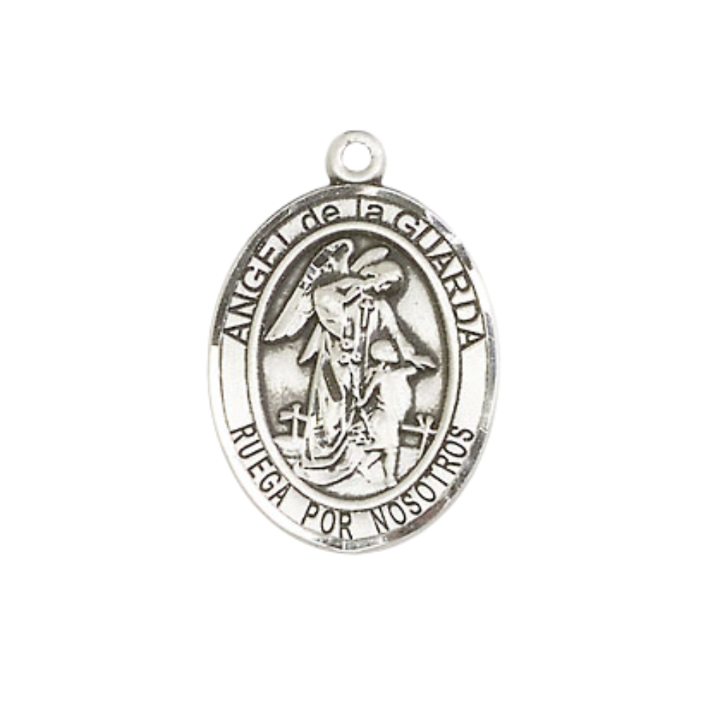 Spanish Script Men's .925 Sterling Silver Angel de la Guarda Medal Pendant on 24 Inch Endless Rhodium Plated Heavy Curb Chain, Catholic Religious Necklace - Made in USA, Deluxe Velvet Gift Box