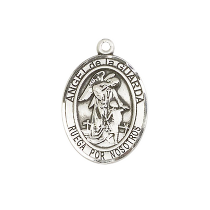Everlasting Light Jewelry Spanish Script Men's Pewter Angel de la Guarda Medal Pendant on 24 Inch Endless Rhodium Plated Heavy Curb Chain, Catholic Religious Necklace - Made in USA, Deluxe Velvet Gift Box
