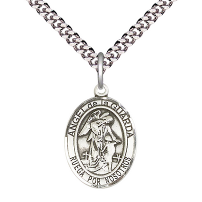 Mens Medium Oval Pewter Angel de la Guarda Medal Pendant on 24 Inch Rhodium Plated Heavy Curb Brass Chain w/ Lobster Claw Clasp, Catholic Religious Necklace - Made in USA- Deluxe Velvet Gift Box