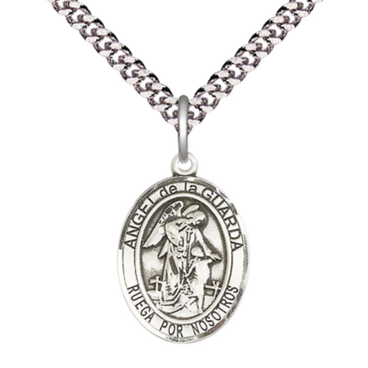 Everlasting Light Jewelry Spanish Script Men's Pewter Angel de la Guarda Medal Pendant on 24 Inch Endless Rhodium Plated Heavy Curb Chain, Catholic Religious Necklace - Made in USA, Deluxe Velvet Gift Box