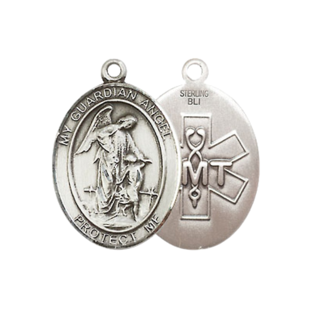 Everlasting Light Jewelry Medium Women's .925 Sterling Silver Guardian Angel EMT Pendant Necklace on 18 Inch Rhodium Plated Lite Curb Brass Chain – Protective Angel Medal, Catholic Medal – Velvet Gift Box Included