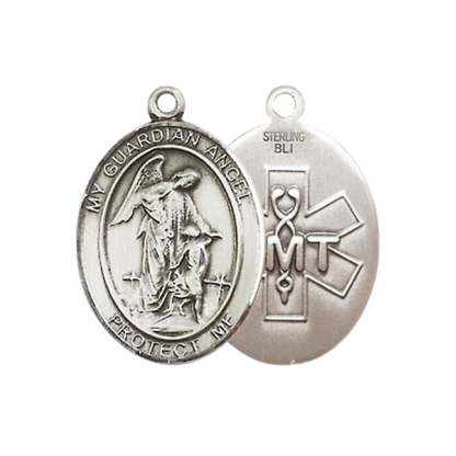 Everlasting Light Jewelry Medium Women's .925 Sterling Silver Guardian Angel EMT Pendant Necklace on 18 Inch Rhodium Plated Lite Curb Brass Chain – Protective Angel Medal, Catholic Medal – Velvet Gift Box Included