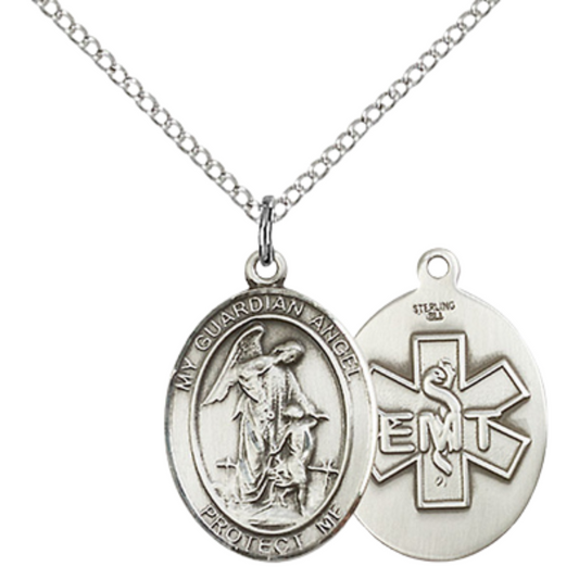 Everlasting Light Jewelry Medium Women's .925 Sterling Silver Guardian Angel EMT Pendant Necklace on 18 Inch Rhodium Plated Lite Curb Brass Chain – Protective Angel Medal, Catholic Medal – Velvet Gift Box Included