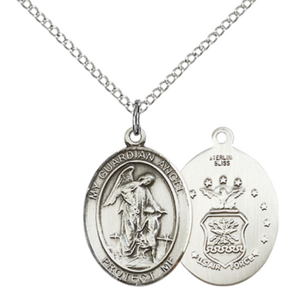 Everlasting Light Jewelry Medium Women's .925 Sterling Silver Guardian Angel Air Force Pendant Necklace on 18 Inch Rhodium Plated Lite Curb Brass Chain – Protective Angel Medal, Catholic Medal – Velvet Gift Box Included