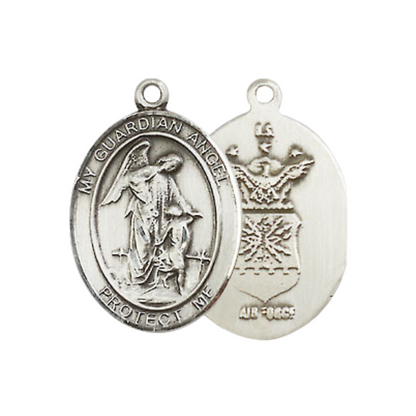 Everlasting Light Jewelry Medium Women's .925 Sterling Silver Guardian Angel Air Force Pendant Necklace on 18 Inch Rhodium Plated Lite Curb Brass Chain – Protective Angel Medal, Catholic Medal – Velvet Gift Box Included