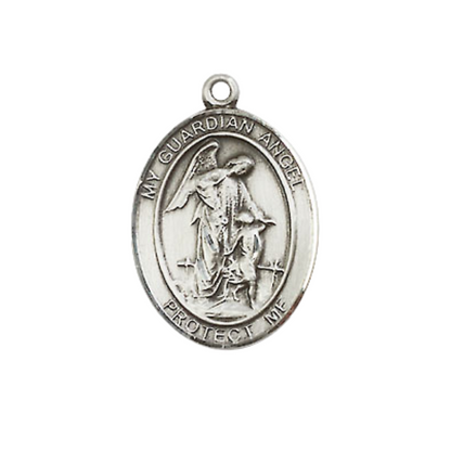 Everlasting Light Jewelry Medium Women's Pewter Guardian Angel Pendant Necklace on 18- inch Rhodium- Plated Lite Curb Brass Chain – Guardian Angel Medal, Catholic Medal – Velvet Gift Box Included