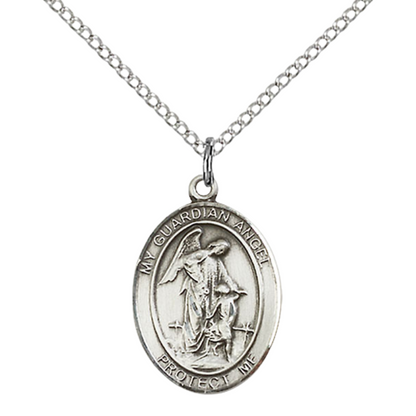Everlasting Light Jewelry Medium Women's Pewter Guardian Angel Pendant Necklace on 18- inch Rhodium- Plated Lite Curb Brass Chain – Guardian Angel Medal, Catholic Medal – Velvet Gift Box Included