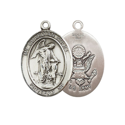 Everlasting Light Jewelry Medium Women's .925 Sterling Silver Guardian Angel Army Pendant Necklace on 18 Inch Rhodium Plated Lite Curb Brass Chain – Protective Angel Medal, Catholic Medal – Velvet Gift Box Included