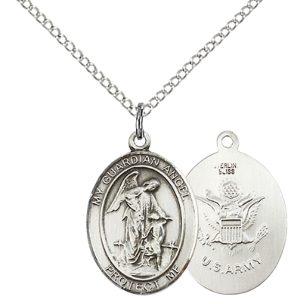 Everlasting Light Jewelry Medium Women's .925 Sterling Silver Guardian Angel Army Pendant Necklace on 18 Inch Rhodium Plated Lite Curb Brass Chain – Protective Angel Medal, Catholic Medal – Velvet Gift Box Included