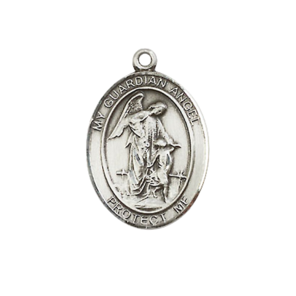 Mens Medium Oval Pewter Guardian Angel Medal Pendant on 24 Inch Rhodium Plated Heavy Curb Brass Chain with Lobster Claw Clasp, Catholic Religious Necklace - Made in USA- Deluxe Velvet Gift Box
