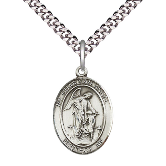 Men's .925 Sterling Silver Guardian Angel Medium Medal Pendant on 24 Inch Endless Rhodium Plated Heavy Curb Brass Chain, Catholic Religious Necklace - Made in USA- Deluxe Velvet Gift Box