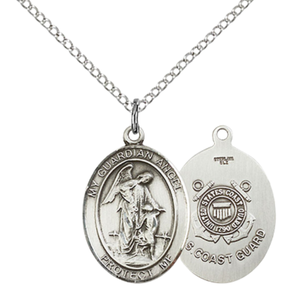 Medium Women's .925 Sterling Silver Guardian Angel Coast Guard Pendant Necklace on 18 Inch Rhodium Plated Lite Curb Brass Chain – Protective Medal for Coast Guard Personnel, Catholic Medal – Velvet Gift Box Included