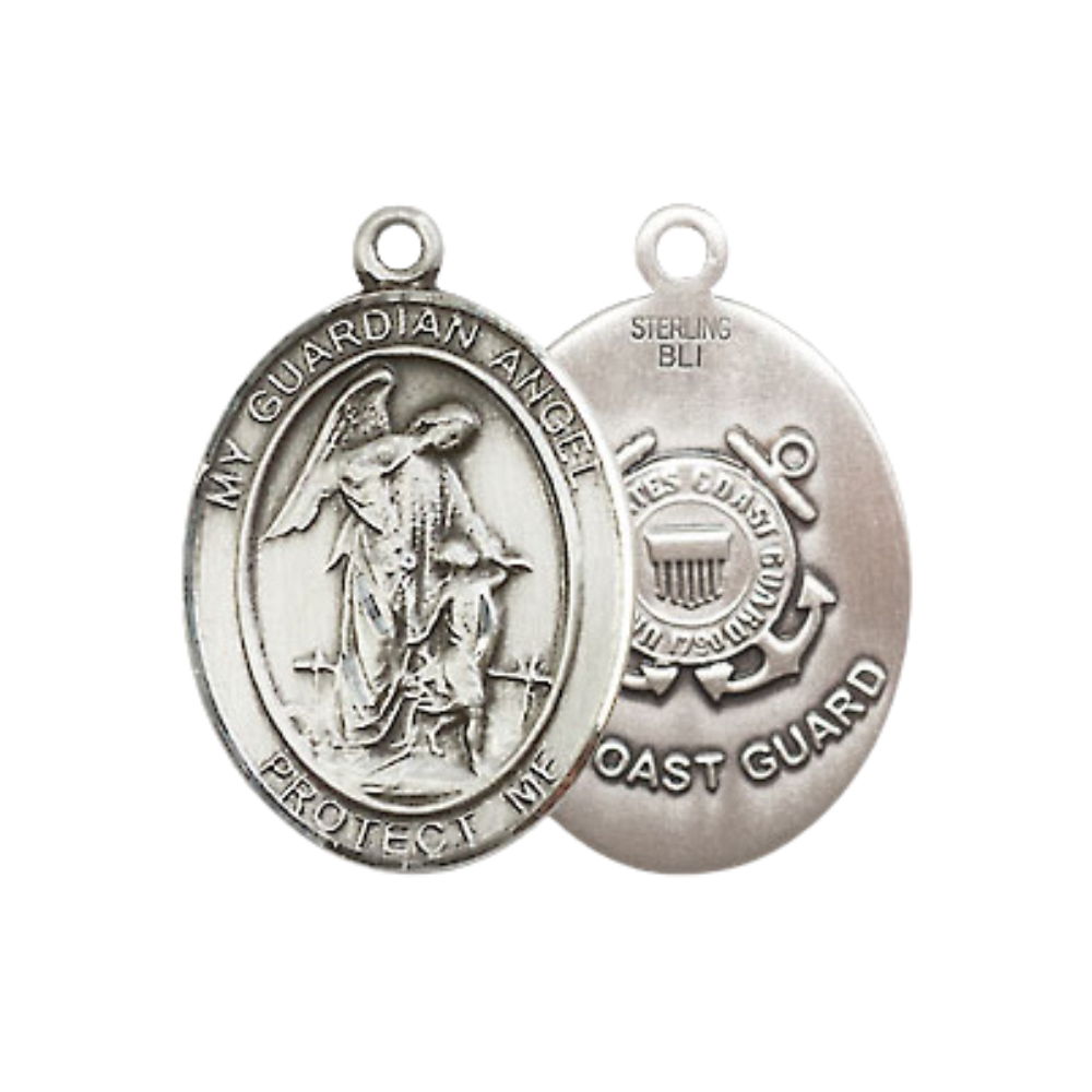 Medium Women's .925 Sterling Silver Guardian Angel Coast Guard Pendant Necklace on 18 Inch Rhodium Plated Lite Curb Brass Chain – Protective Medal for Coast Guard Personnel, Catholic Medal – Velvet Gift Box Included
