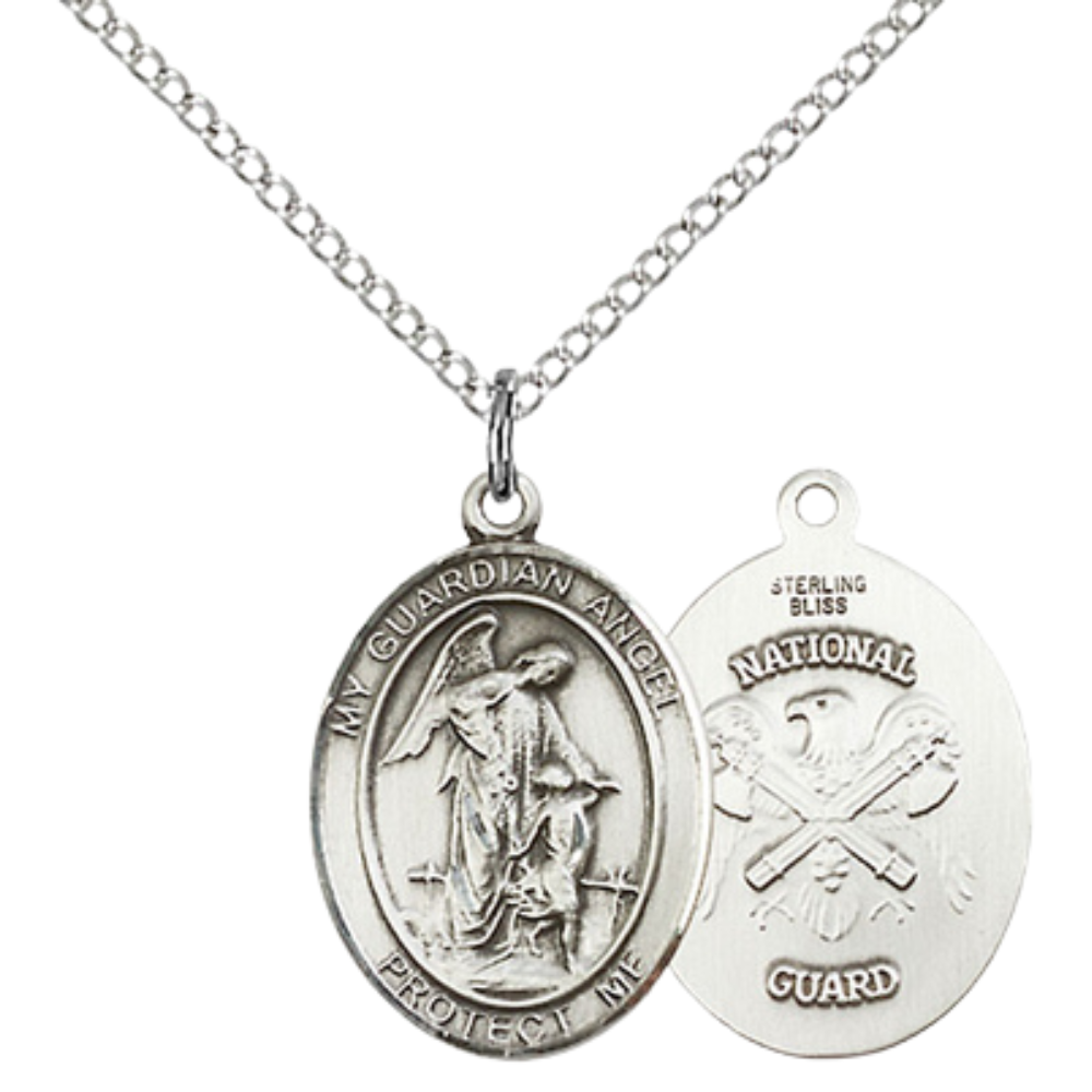 Medium Women's .925 Sterling Silver Guardian Angel National Guard Pendant Necklace on 18 Inch Rhodium Plated Lite Curb Brass Chain – Protective Medal for National Guard, Catholic Medal – Velvet Gift Box Included
