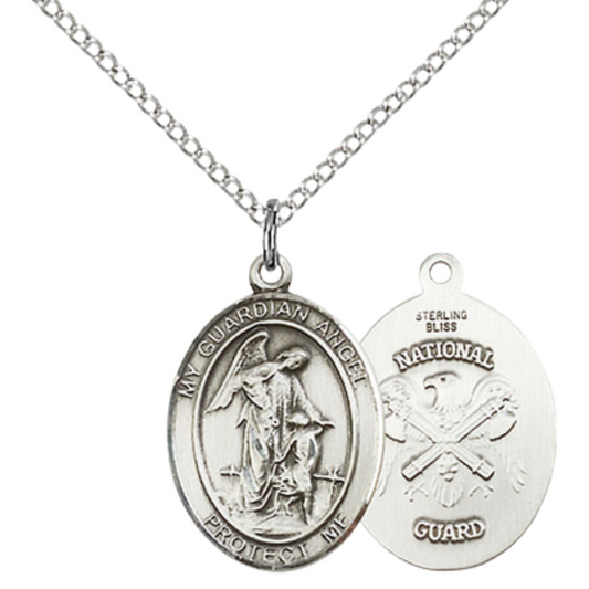 Medium Women's .925 Sterling Silver Guardian Angel National Guard Pendant Necklace on 18 Inch Rhodium Plated Lite Curb Brass Chain – Protective Medal for National Guard, Catholic Medal – Velvet Gift Box Included