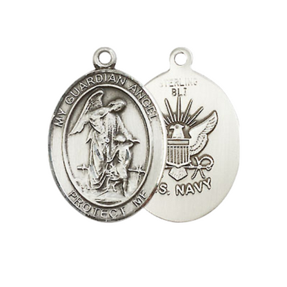 Everlasting Light Jewelry Medium Women's .925 Sterling Silver Guardian Angel Navy Pendant Necklace on 18 Inch Rhodium Plated Lite Curb Brass Chain – Navy Medal – Protective Symbol, Catholic Medal – Velvet Gift Box Included