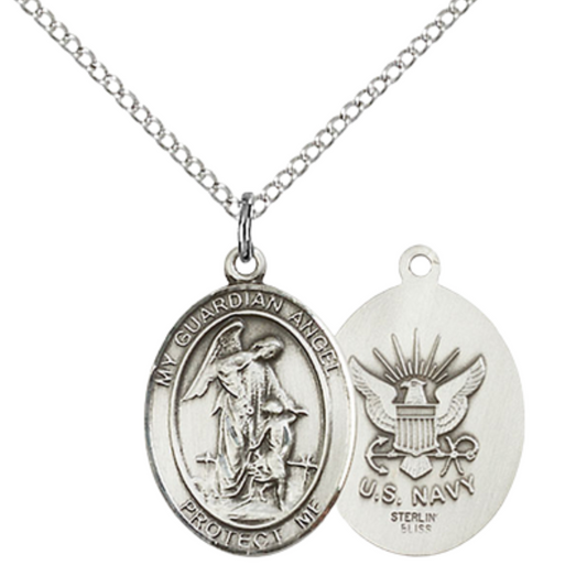 Everlasting Light Jewelry Medium Women's .925 Sterling Silver Guardian Angel Navy Pendant Necklace on 18 Inch Rhodium Plated Lite Curb Brass Chain – Navy Medal – Protective Symbol, Catholic Medal – Velvet Gift Box Included