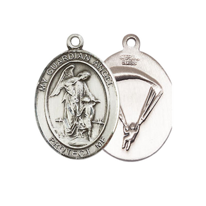 Medium Women's .925 Sterling Silver Guardian Angel Paratrooper Pendant Necklace on 18 Inch Rhodium Plated Lite Curb Brass Chain – Paratrooper Medal – Protective Symbol, Catholic Medal – Velvet Gift Box Included