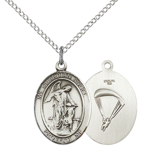 Medium Women's .925 Sterling Silver Guardian Angel Paratrooper Pendant Necklace on 18 Inch Rhodium Plated Lite Curb Brass Chain – Paratrooper Medal – Protective Symbol, Catholic Medal – Velvet Gift Box Included