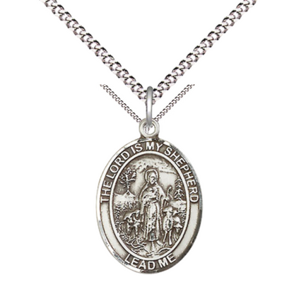 Everlasting Light Jewelry Medium Women's Pewter Lord Is My Shepherd Pendant Necklace on 18- inch Rhodium- Plated Lite Curb Brass Chain – Christian Faith Lord Is My Shepherd Medal, Catholic Medal – Velvet Gift Box Included