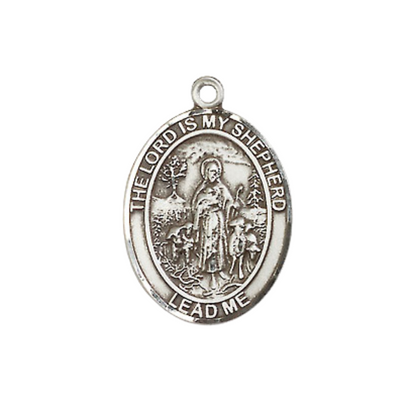 Medium Mens Oval .925 Sterling Silver Lord Is My Shepherd Medal Pendant on 24 Inch Rhodium Plated Heavy Curb Brass Chain w/ Lobster Claw Clasp, Catholic Religious Necklace - Made in USA- Velvet Gift Box