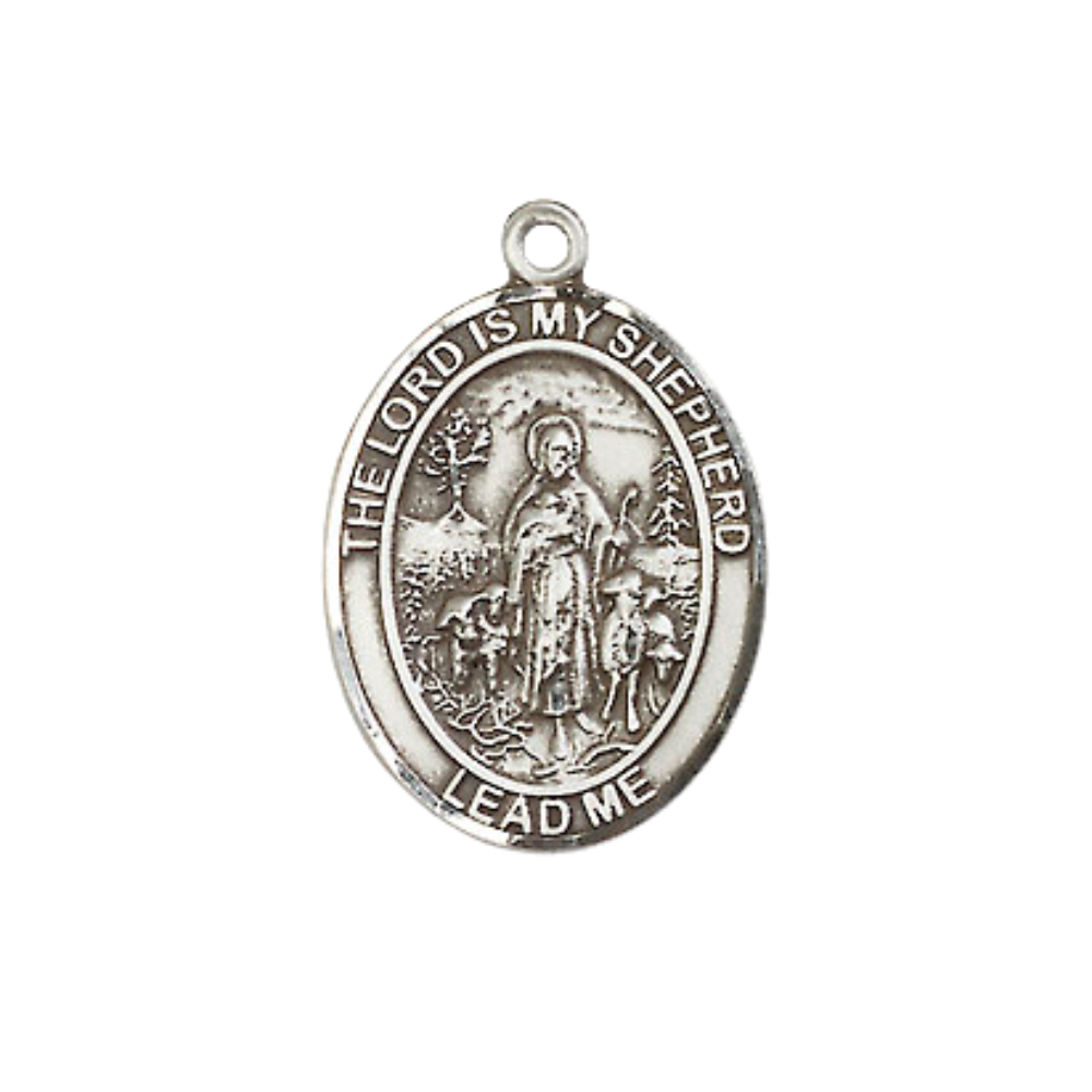 Mens Medium Oval Pewter Lord Is My Shepherd Medal Pendant on 24 Inch Rhodium Plated Heavy Curb Brass Chain w/ Lobster Claw Clasp, Catholic Religious Necklace - Made in USA- Deluxe Velvet Gift Box