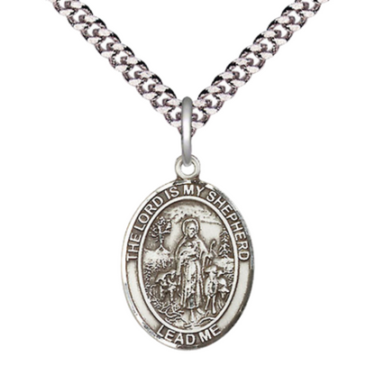 Medium Men's .925 Sterling Silver Lord Is My Shepherd Medal Pendant on 24 Inch Endless Rhodium Plated Heavy Curb Brass Chain ,Catholic Religious Necklace -Made in USA- Deluxe Velvet Gift Box