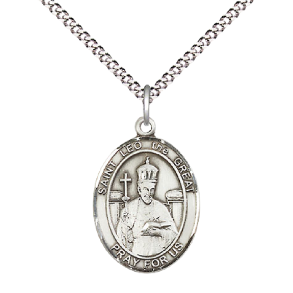Everlasting Light Jewelry Medium Women's Pewter Saint St. Leo the Great Pendant Necklace on 18- inch Rhodium- Plated Lite Curb Brass Chain – Patron Saint St. of Speakers – Christian Medal, Catholic Medal – Velvet Gift Box Included