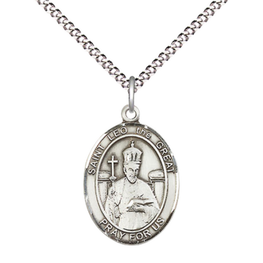 Everlasting Light Jewelry Medium Women's Pewter Saint St. Leo the Great Pendant Necklace on 18- inch Rhodium- Plated Lite Curb Brass Chain – Patron Saint St. of Speakers – Christian Medal, Catholic Medal – Velvet Gift Box Included