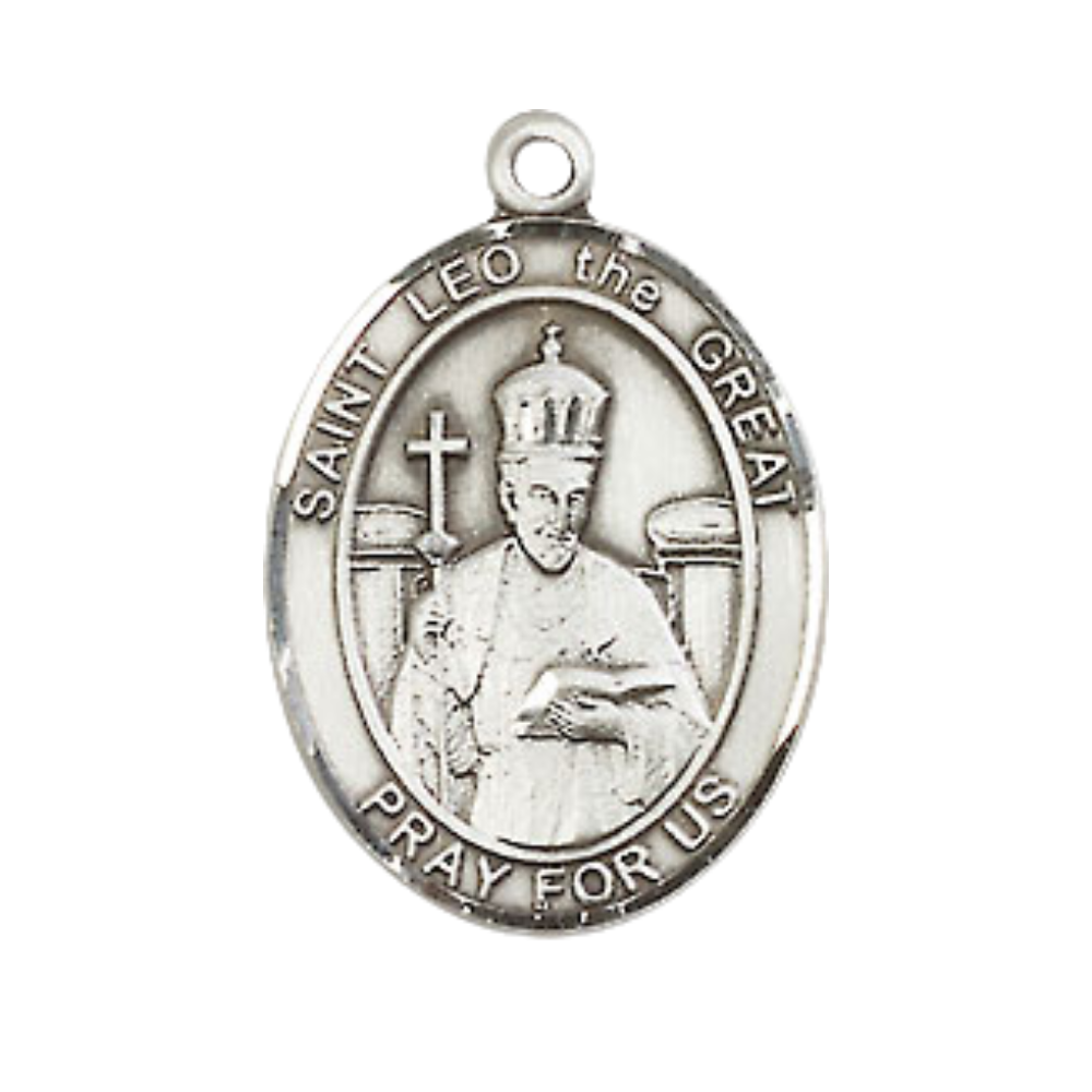 Medium Men's .925 Sterling Silver Patron Saint St. Leo the Great Medal Pendant with 24 Inch Rhodium Plated Heavy Curb Chain Catholic Religious Necklace - Made in USA, Deluxe Velvet Gift Box