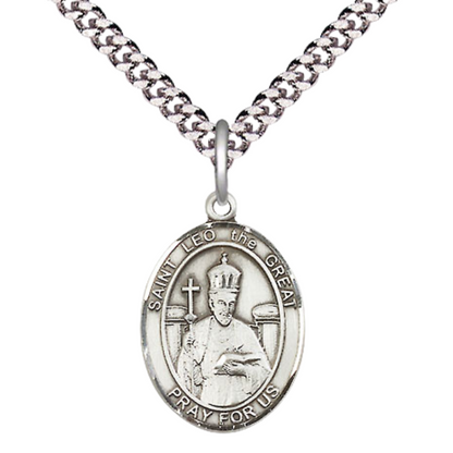 Everlasting Light Jewelry Medium Men's Pewter Patron Saint St. Leo the Great Medal Pendant with 24 Inch Rhodium Plated Heavy Curb Chain Catholic Religious Necklace - Made in USA, Deluxe Velvet Gift Box