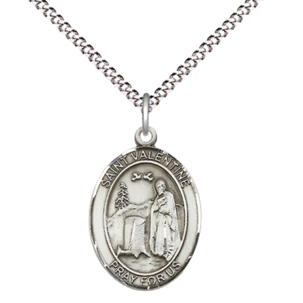 Everlasting Light Jewelry Medium Women's .925 Sterling Silver Saint St. Valentine of Rome Pendant Necklace on 18 Inch Rhodium Plated Lite Curb Brass Chain – Patron Saint St. of Love, Catholic Medal – Velvet Gift Box Included