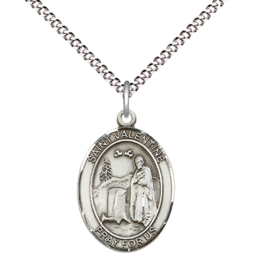Everlasting Light Jewelry Medium Women's .925 Sterling Silver Saint St. Valentine of Rome Pendant Necklace on 18 Inch Rhodium Plated Lite Curb Brass Chain – Patron Saint St. of Love, Catholic Medal – Velvet Gift Box Included