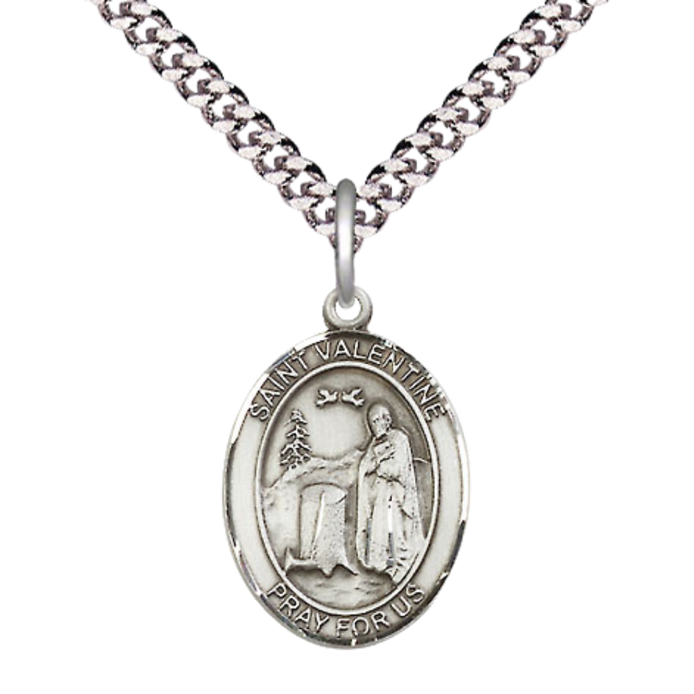 Medium Men's .925 Sterling Silver Saint St. Valentine of Rome Medal Pendant on 24 Inch Endless Rhodium Plated Heavy Curb Brass Chain, Catholic Religious Necklace - Made in USA- Deluxe Velvet Gift Box