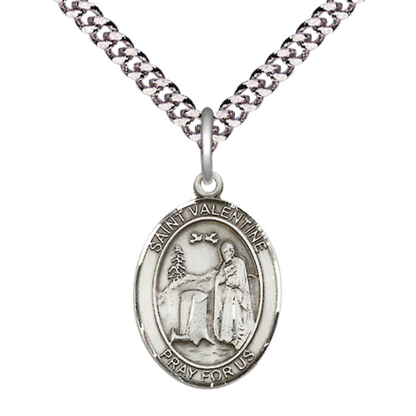 Medium Mens Oval .925 Sterling Silver Saint St. Valentine of Rome Medal Pendant on 24 Inch Rhodium Plated Heavy Curb Brass Chain w/ Lobster Claw Clasp, Catholic Religious Necklace - Made in USA- Velvet Gift Box