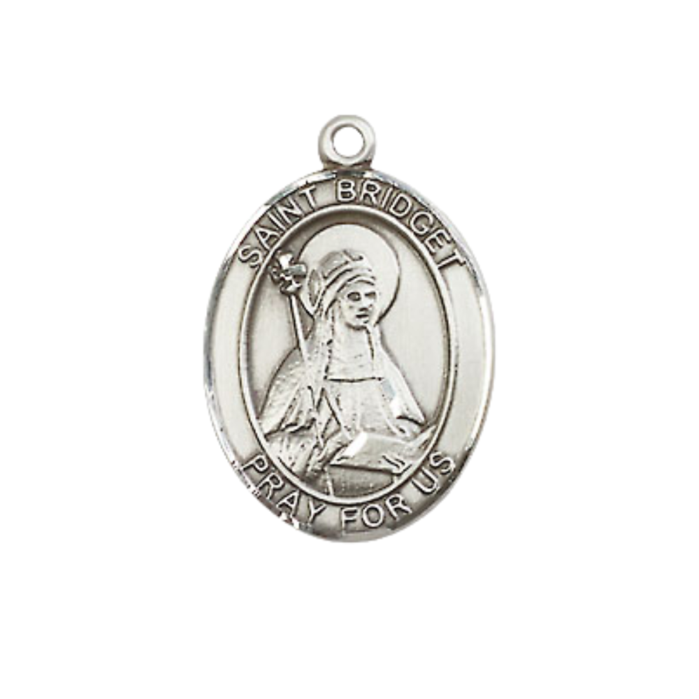 Medium Women's .925 Sterling Silver Saint St. Bridget of Sweden Pendant Necklace on 18 Inch Rhodium Plated Lite Curb Brass Chain – Patron Saint St. of Widows/Sweden, Catholic Medal – Velvet Gift Box Included