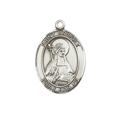 Medium Mens Oval .925 Sterling Silver Saint St. Bridget of Sweden Medal Pendant on 24 Inch Rhodium Plated Heavy Curb Brass Chain w/Lobster Claw Clasp, Catholic Religious Necklace - Made in USA- Velvet Gift Box