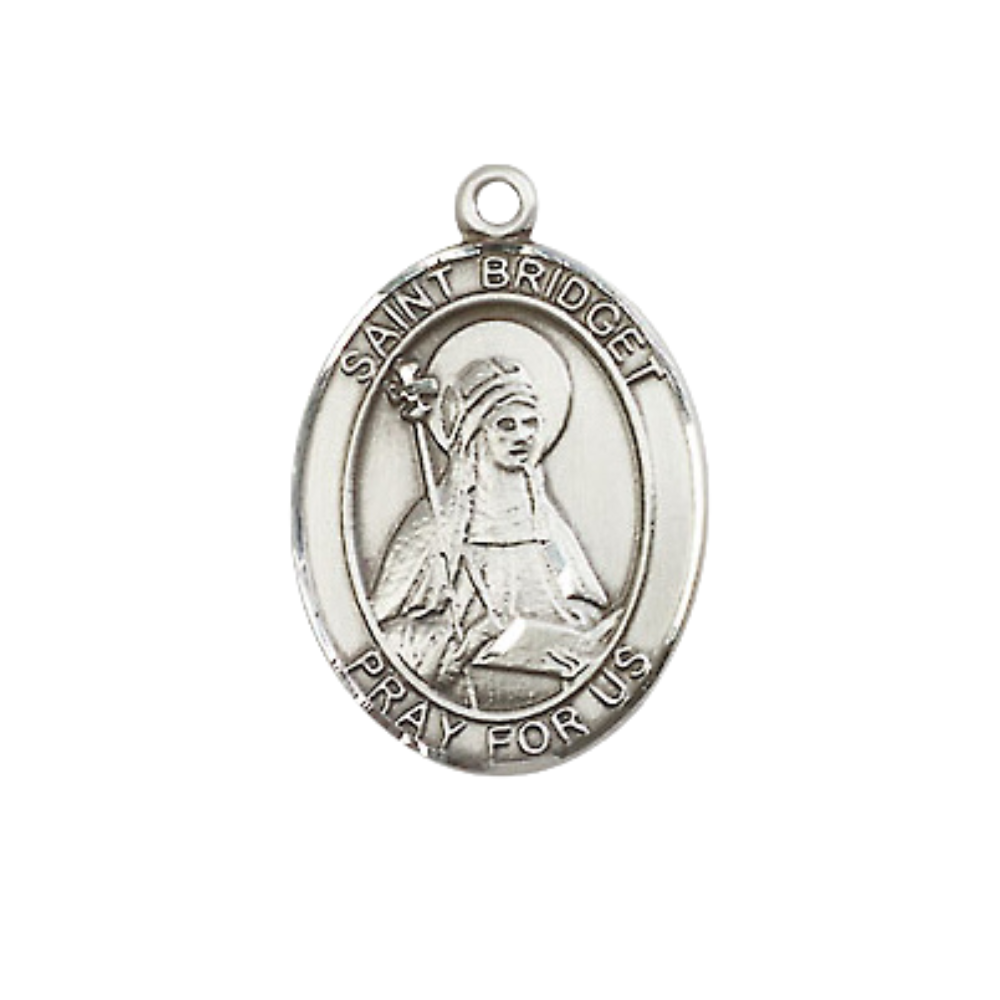 Medium Men's .925 Sterling Silver Saint Bridget of Sweden Medal Pendant on 24 Inch Endless Rhodium Plated Heavy Curb Brass Chain, Catholic Religious Necklace -Made in USA- Deluxe Velvet Gift Box