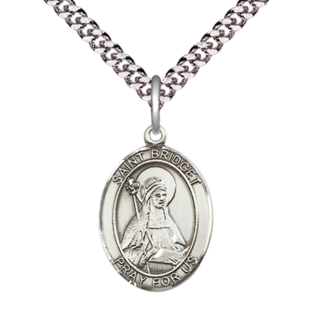 Medium Mens Oval .925 Sterling Silver Saint St. Bridget of Sweden Medal Pendant on 24 Inch Rhodium Plated Heavy Curb Brass Chain w/Lobster Claw Clasp, Catholic Religious Necklace - Made in USA- Velvet Gift Box