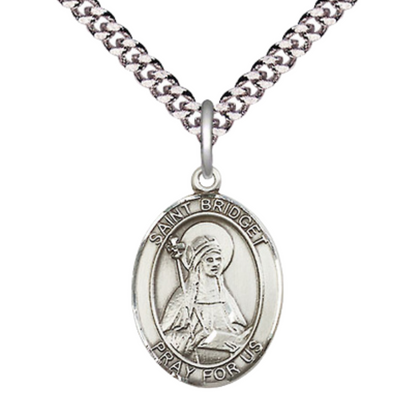 Medium Mens Oval .925 Sterling Silver Saint St. Bridget of Sweden Medal Pendant on 24 Inch Rhodium Plated Heavy Curb Brass Chain w/Lobster Claw Clasp, Catholic Religious Necklace - Made in USA- Velvet Gift Box